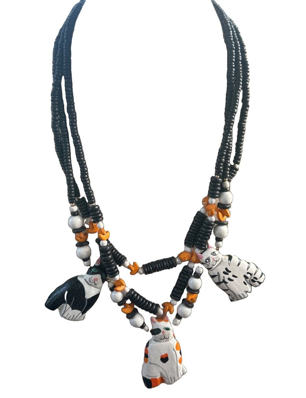 Folk Art Cat Wood Necklace Hand Painted Artisan Beaded Statement Derpy Black